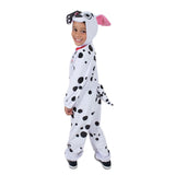 101 Dalmatians Child Jumpsuit, furry jumpsuit in plush fabric, attached headpiece, hood has 3d floppy ears and tail.