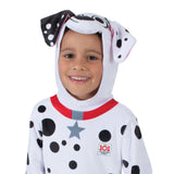 101 Dalmatians child jumpsuit with dog face on hood with floppy ears.