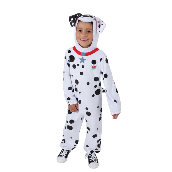 101 Dalmatians Child Jumpsuit, furry jumpsuit in plush fabric, attached headpiece.