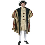 16th Century King - Hire, deluxe quality kneed lenth coat with fur collar, gold tunic with gems, hat and brown tights.