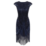 1920s Fringe Flapper Dress - Dark Blue - Hire, detailed sequin dress with art deco vibe with long fringing at hemline.