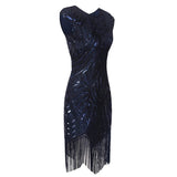 1920s Fringe Flapper Dress - Dark Blue - Hire, sequin dress with lining and long fringing at hemline.