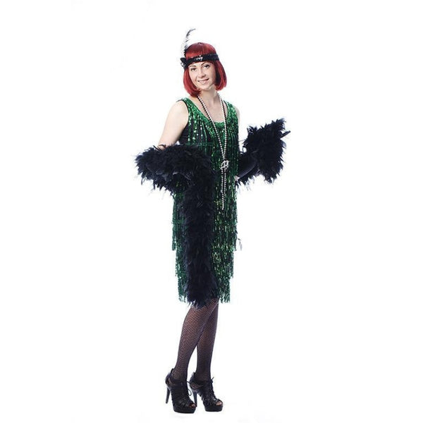 Dark Green Sequin Flapper - Hire, green sequin fringing over black dress, knee length. Hire includes dress, boa, gloves, beads and headdress.