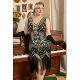 1920s Sequined Dress - Gold - Hire, black dress with sequin design overlay with fringing.