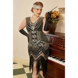 1920s Sequined Dress - Gold - Hire, sequined sleevless dress with finging, Hire includes, dress, headdress, gloves, beads and boa.