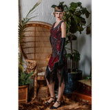 1920s Sequined Fringe Dress - Wine Red - Hire, sleeveless beaded dress , v neckline, long fringing at hemline.