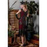 1920s Sequined Fringe Dress - Wine Red - Hire, black sequin and beads over a red lining with long black fringing, v neckline.