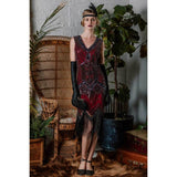 1920s Sequined Fringe Dress - Wine Red - Hire, sequin and bead dress with v neckline.