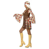 1960s Groovy Baby Costume - Female, brown, yellow A line dress with bell sleeves, headband and brown fringed vest.