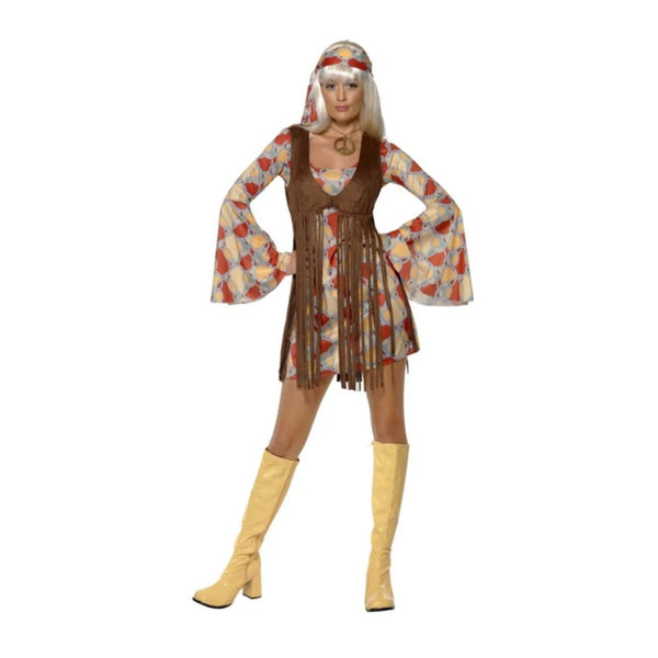 1960s Groovy Baby Costume - Female, dress in brown, yellow and cream with bell sleeves, brown fringed vest with long fringing, matching headband.