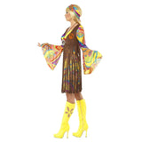 1960s Groovy Lady Dress and Fringed Vest, colourful bell sleeve dress and headband, long brown fringed vest.