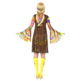 1960s Groovy Lady Dress and Fringed Vest, colourful bell sleeve dress and headband, long brown fringed vest.