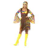 1960s Groovy Lady Dress and Fringed Vest, colourful bell sleeve dress and headband, long brown fringed vest.