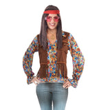 1960s Groovy Set - Womens, brown fringed vest with attached floral long sleeve shirt and red headband.