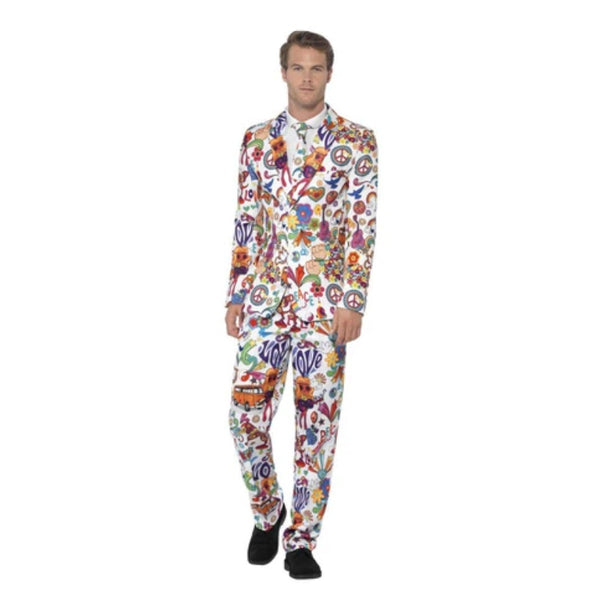 1960's Groovy Stand Out Suit, lined jacket in colourful print with peace, love and combie van images, pants with fly and matching tie.
