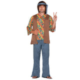 1960s Hippie Dude Costume - Dr Toms, blue flares, floral and peace print shirt attached brown fringed vest with headband.
