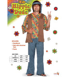 1960s Hippie Dude Costume - Dr Toms, blue flares, floral and peace print shirt attached brown fringed vest with headband.