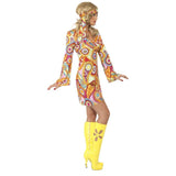 1960's Hippy Chick Costume, colourful dress and headband, mid thigh length.