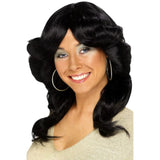 1970's black flick wig, long flick fringe and long at the back.