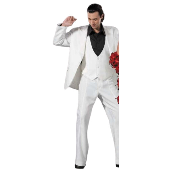 1970's Fever White 3 Piece Men's Suit - Hire, flared fitted pants, white lined jacket, vest and black shirt.