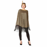 20's Flapper Poncho, black and gold print with sequin trim neckline and black fringing. plus gold headband.