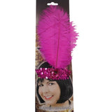 20's Flapper Sequined Headband - Pink, stretchy headband with two feathers.