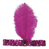 20's Flapper Sequined Headband - Pink, stretchy headband with two feathers.