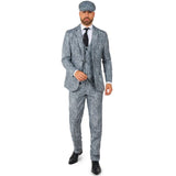 20's Gangster Grey Suit, printed lined suit includes jacket, vest, trousers and cap.