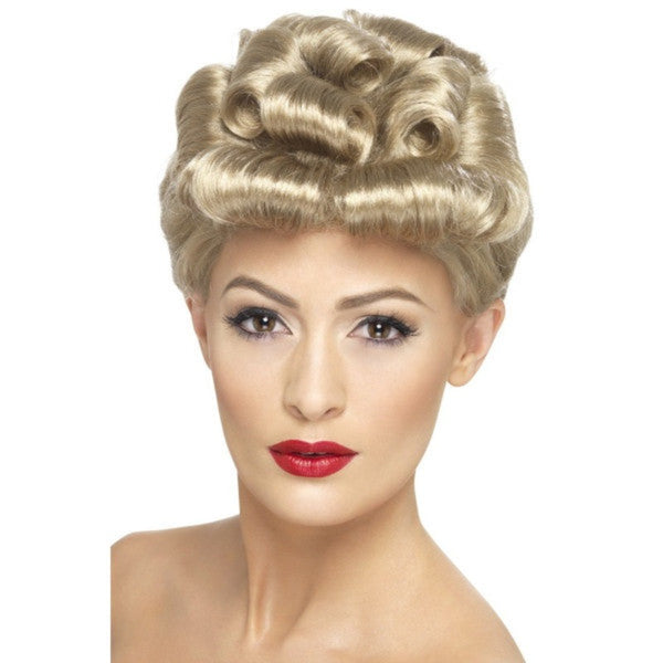 40s Blonde vintage wig, short, bold curls in an updo.