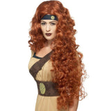 Medieval warrior queen wig in auburn, very long wavy with, centre part.