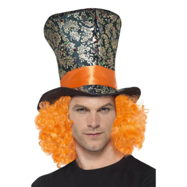 Top hat with orange hair, green base with gold trim, orange band.