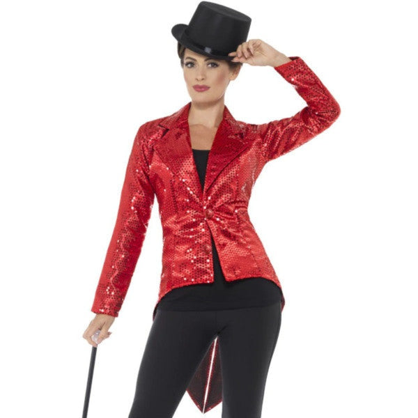 Red sequin tailcoat jacket with tails and one button at front.