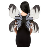 Dark botanical moth wings in black, grey and white with a touch of glitter, adult size.