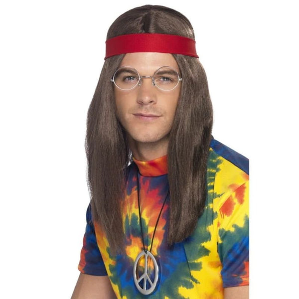 60's & 70's Hippy Man Kit with Wig, Glasses and Medallion, chest length long straight brown haire, red bandana and silver rimmed lennon style glasses with medallion.

