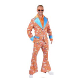 60s & 70s Paisely Mens Suit, orange paisely and floral print suit with contrasting blue collar and cuffs and matching wide flare pants.
