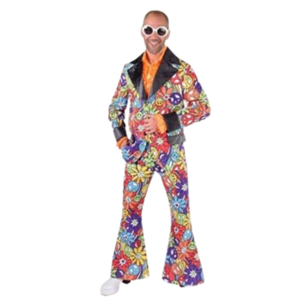 60s Hippie Mens Suit, colourful flower power print suit with peace pendants and black wide collar and cuffs, wide flare in pants. 