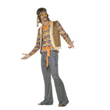 60s Hippie Singer Mens Costume, floral print shirt with orange tim, brown vest with fur trim, stripe pants and headband.