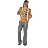 60s Hippie Singer Mens Costume, shirt, vest, pants, headband and belt.