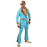 60S Mens blue suit, flared pants with tiger print insert. Jacket with leopard print collar and cuffs.