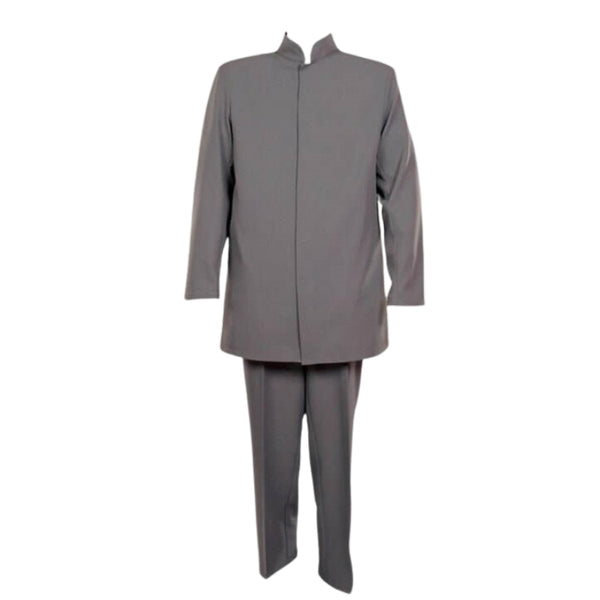 60s Mens Grey Suit, jacket with chinese collar and closes with velcro, elastic waist pants.