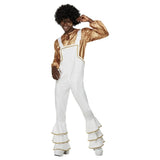 70s glam adults costume, gold shirt and white dungarees with 3 frills at hemline with gold trim.