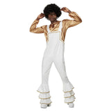 70s Glam Adults Costume, white dungarees with 3 frills at hemline with gold trim, shirt in gold.