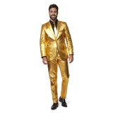 70s Groovy Gold OppoSuit Premium Mens Suit in luxurious shiny fabric, premium well cut style with pockets.
