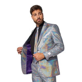 70s OppoSuit Discoballer Premium Mens Suit, metallic silver and black suit with purple lining in jacket.