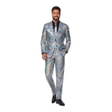 70s OppoSuit Discoballer Premium Mens Suit, quality iridescent silver mirror design, includes jacket, pants and matching tie.