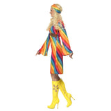 70s Rainbow Hippie Costume, dress with long sleeves in rainbow print and matching headband.