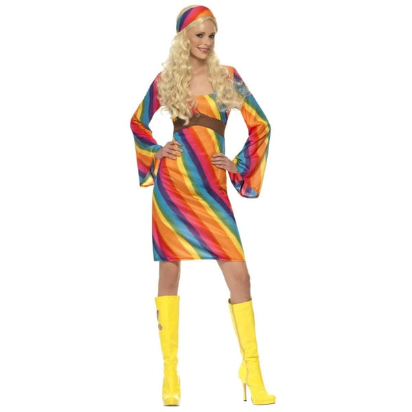 70s Rainbow Hippie Costume, dress with bell sleeves and princess line with matching headband.