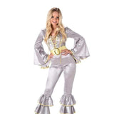 70s Silver Disco Jumpsuit with Yellow Trim - Karnival, jumpsuit with full sleeves and lace up bodice.