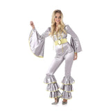 70s Silver Disco Jumpsuit with Yellow Trim - Karnival, jumpsuit with 3 frills at hemline, full sleeves and lace up bodice.