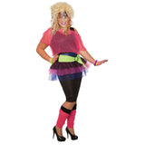 80's neon party girl costume in fluro colours, mesh top, dress with layers of tulle and black leggings.